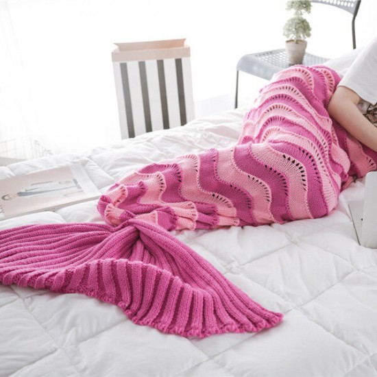 95x195CM Yarn Knitting Mermaid Tail Blanket Wave Stripe Warm Super Soft Sleep Bag Bed Mat