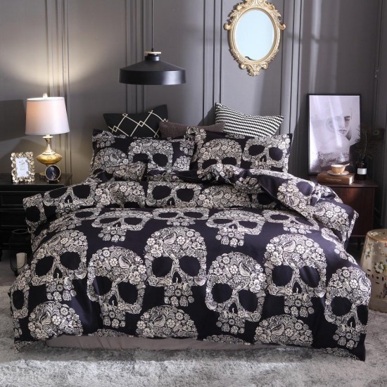 Black White Skull Printed Quilt Cover Pillowcase Halloween Style Bedding Sets