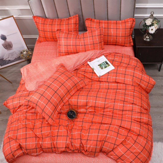 4PCS Washed Cotton Bedding Sets with Reactive Printed Plaid Striped Comforter Bedspread for Home