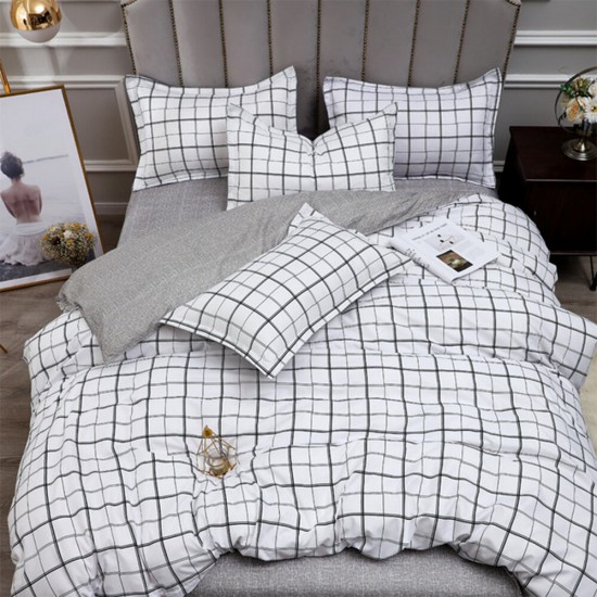 4PCS Washed Cotton Bedding Sets with Reactive Printed Plaid Striped Comforter Bedspread for Home